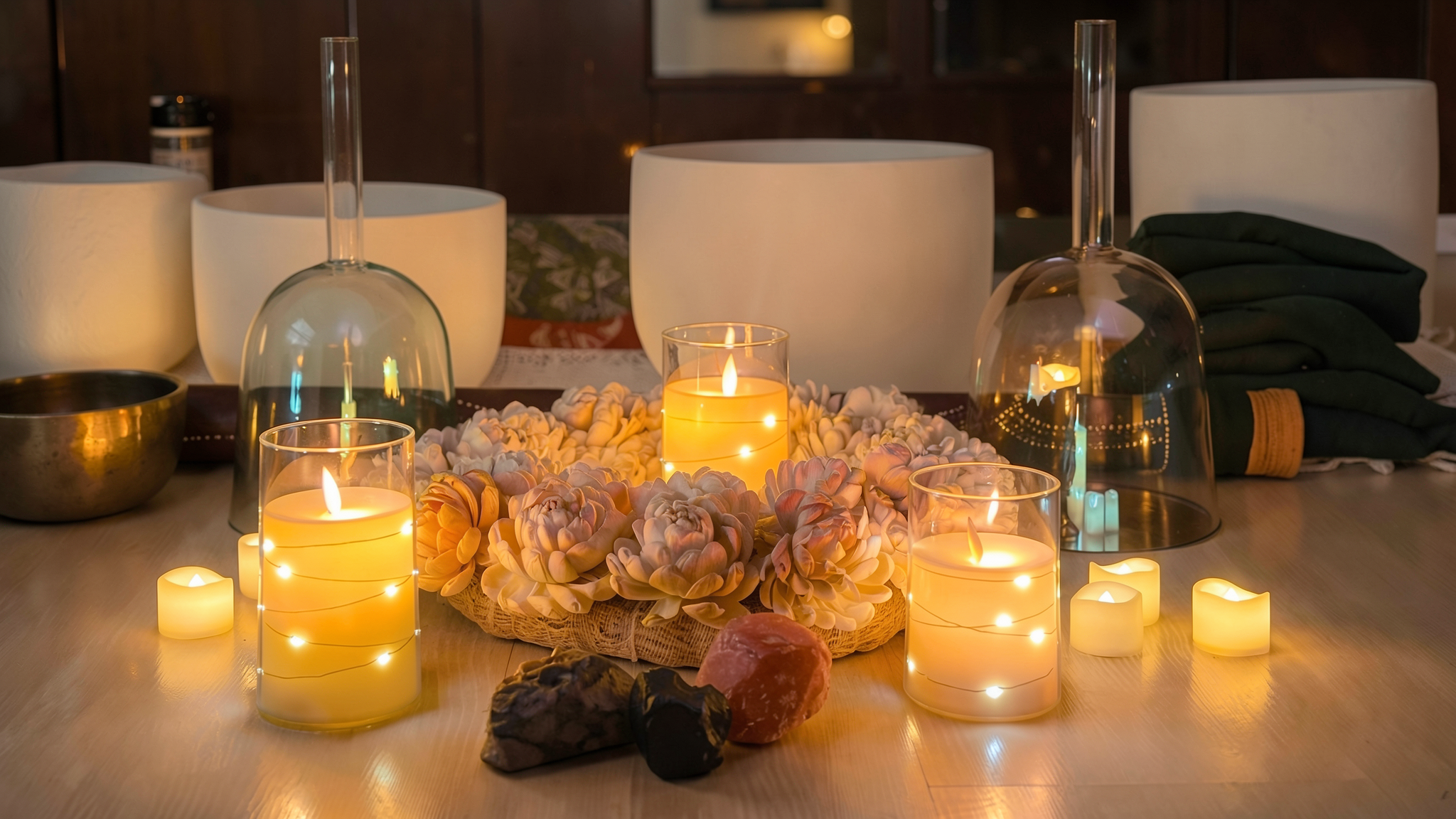 Ambiance sonore — bols, bougies et fleurs